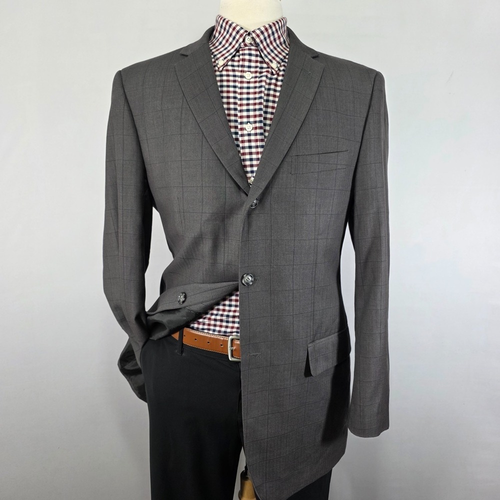 Lineage Performance Mens Sport Coat Blazer Premium Gray‎ Plaid Herringbone 44L